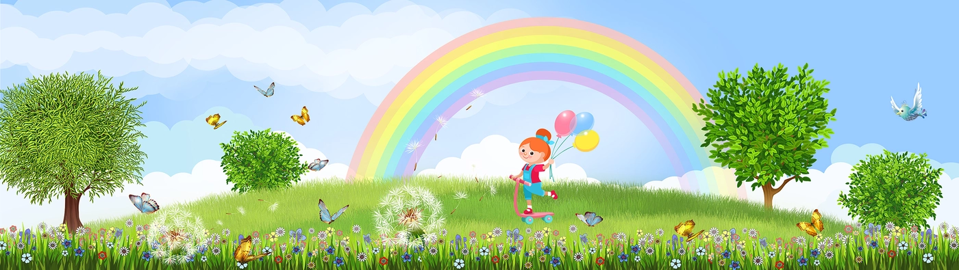 детские, небо, радуга, полянка, трава, цветы, девочка на самокате, деревья, голубые, зелёные