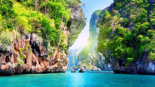тайланд, небо, горы, океан, скалы, деревья, голубые, зелёные