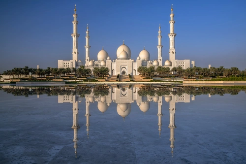 Эмираты, ОАЭ, вода, пальмы, большая мечеть шейха Зайда Абу, голубые