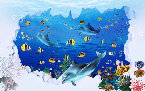 3D фон, подводный мир, дельфины, рыбы, кораллы, для ванной, голубые, синие