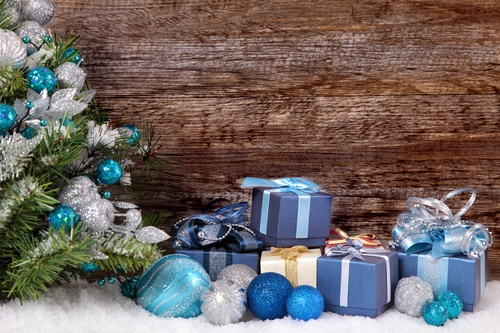 подарки, доска, снег, праздник, зима, коричневые, синие, голубые